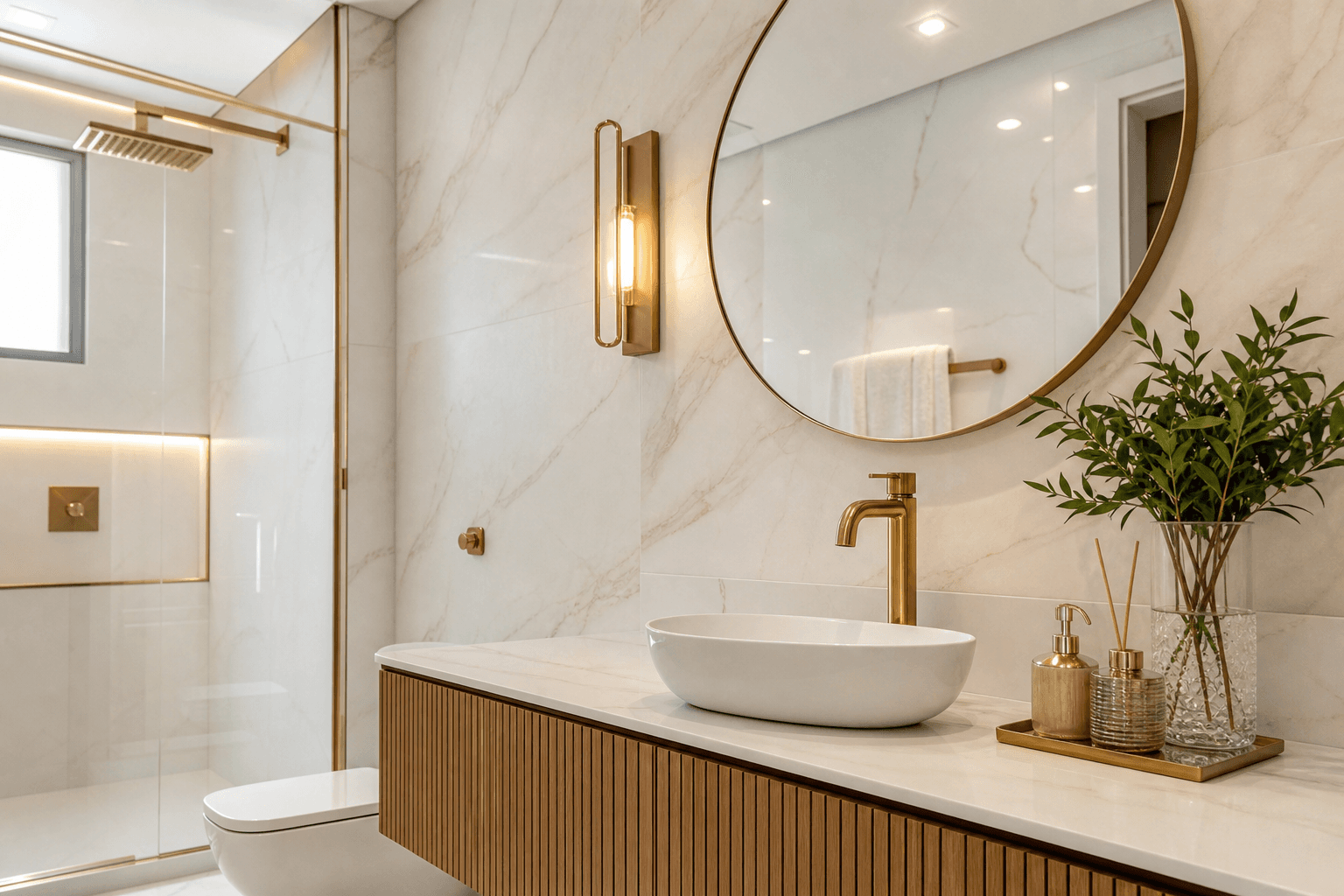 Lavabo com porcelanato marmorizado, cuba de apoio e metais com acabamento dourado.